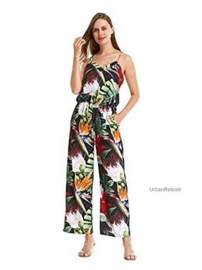 Women's Hawaiian Strap V-Neck Jumpsuit Short Sleeve Pull On Pockets